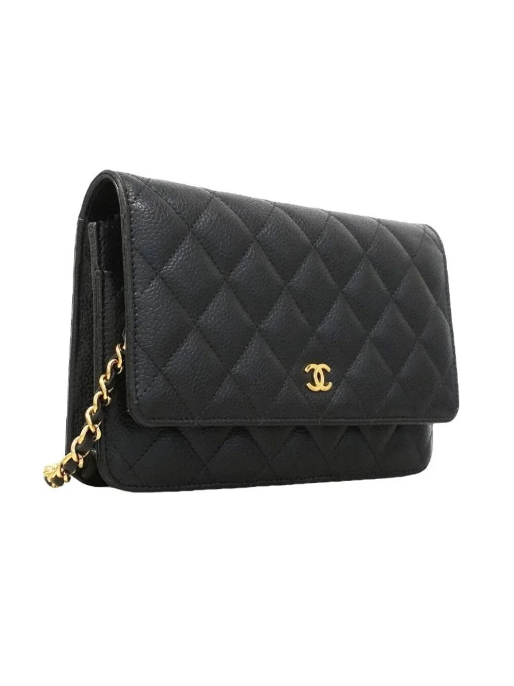 Chanel Wallet on Chain Quilted Caviar Leather Black Gold Shoulder Bag